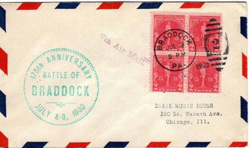 #688-2 Block of 4 Battle of Braddock Field Rubber Stamp cachet First Day cover v