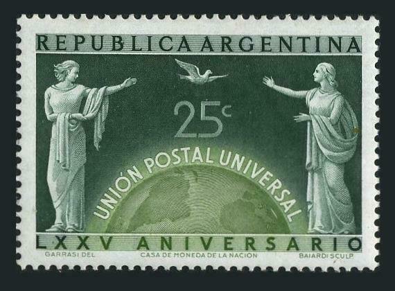 Argentina 586 three stamps,MNH.Michel 568. UPU-75,1949.Allegory Pigeon. 