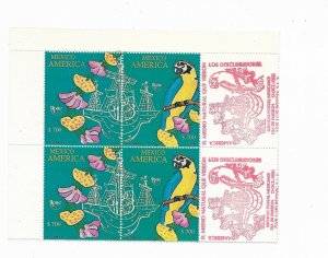 MEXICO 1992 DISCOVERY OF AMERICA PARROT BIRD SHIP 2 VALUES IN BLOCK OF FOUR MNH
