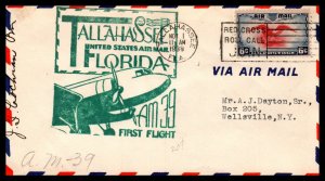 US AM 39 Tallahassee,FL 1938 First Flight Cover