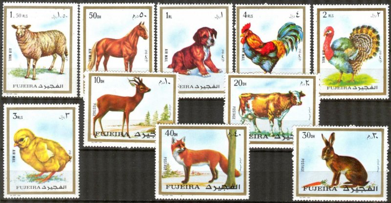 Fujeira UAE 1972 Animals Birds Horses Dogs Fox Rabbits set of 10 MNH