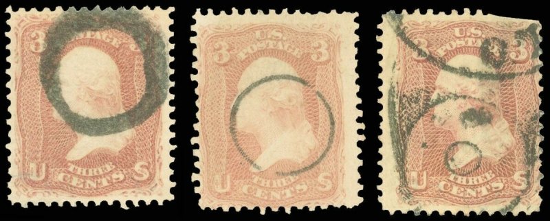 Scott #65, LOT/3 HOLLOW CIRCLE Fancy Cancels, Right Stamp, Patent Cancel! 