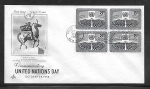 United Nations #45 FDC Inscription Block of 4 Artcraft Cachet (my4303)