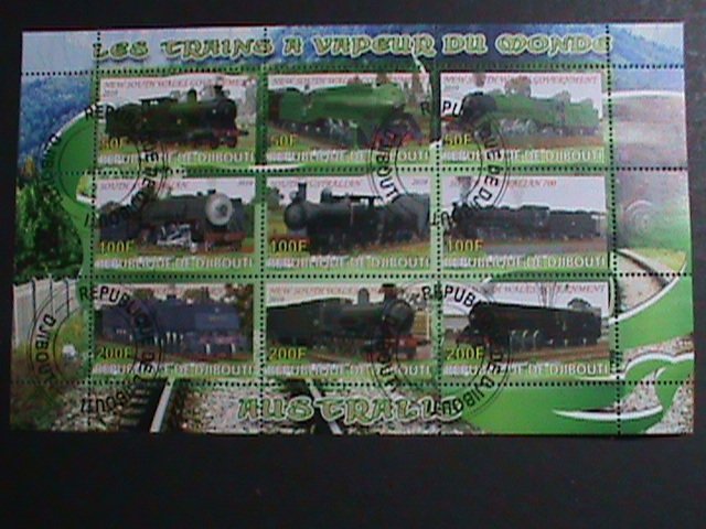 DJIBOUTI-2010 WORLD FAMOUS LOCO MOTIVE TRAINS CTO SHEET VF-WITH FANCY CANCEL