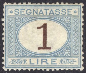 Italy 1870 1 lire Light Blue&Brown Post Due Perf 14 Scott J13 LMM/MLH Cat $5,300