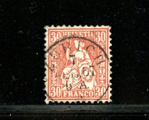 Switzerland #46 (S455) Helvetia 30 c vermilion, perf 11 1/2, Used, F-VF, CV$47.5