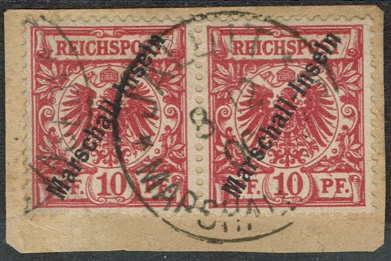 MARSHALL ISLANDS 1897 EAGLE OVERPRINTED MARSCHALL INSELN 10PF PAIR USED ON PIECE