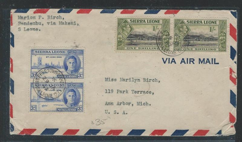 SIERRA LEONE (P3005B) 1947 KGVI PEACE 3D PR+1/- PR FROM PENDEMBU TO USA