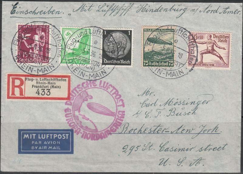 Germany - 5.8.1936 Registered multifranked Zeppelin cover to USA  (1642)   