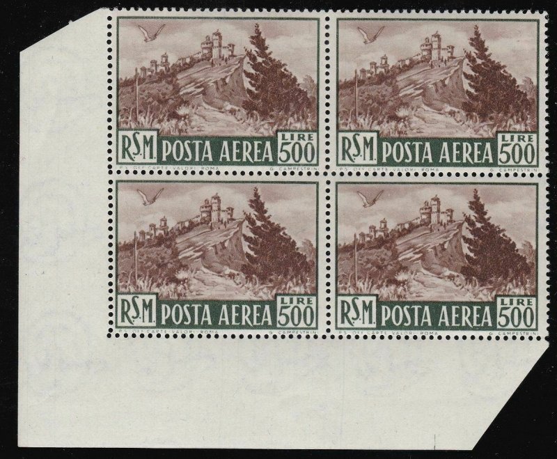 1951 San Marino, Mail Aerea, N° 97, Lire 500 Bruno MNH Quartina Luxury