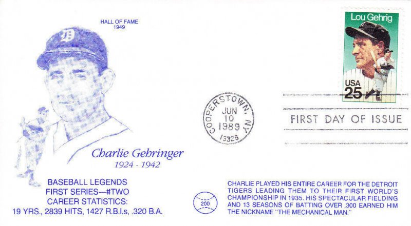 DBC Cachet Charlie Gehringer HOF Tigers 1st Day #2417 Lou Gehrig Baseball 1989
