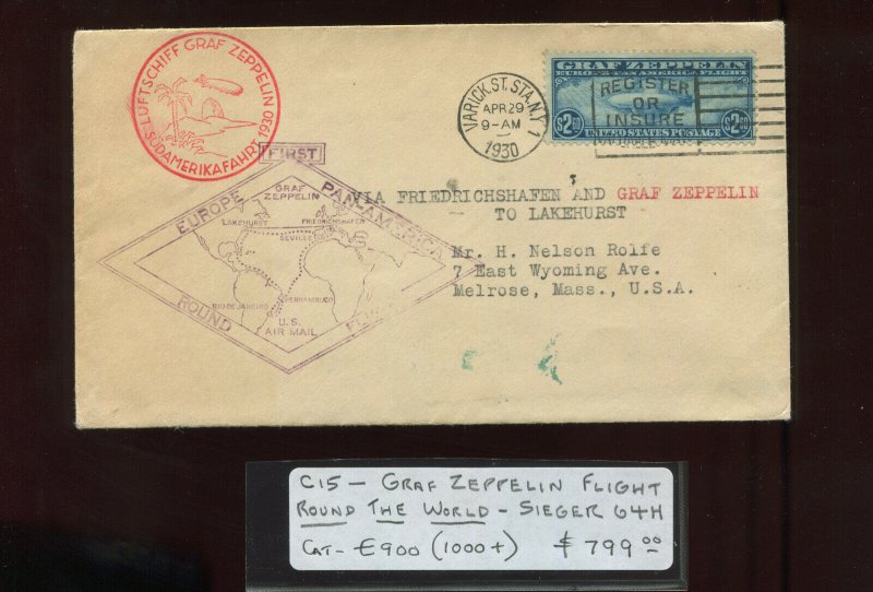 Scott C15 Graf Zeppelin Used  Stamp on Nice Flight Cover (Stk C15-RC1)