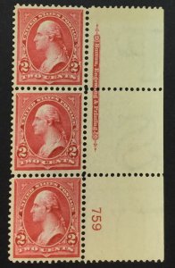 MOMEN: US STAMPS #279B PLATE STRIP OF 3 MINT OG NH VF LOT #76434