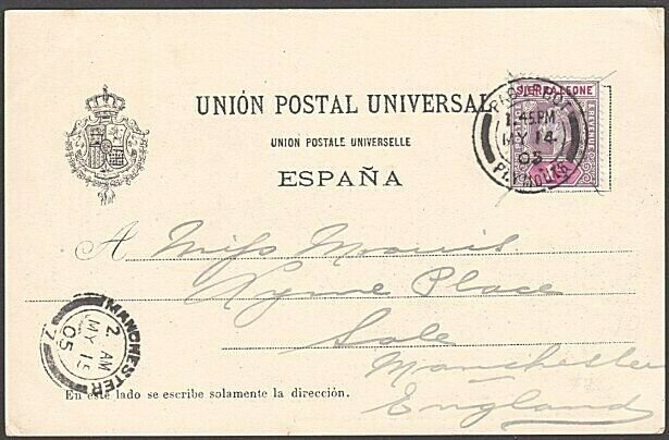 SIERRA LEONE 1905 postcard EVII 1d cancelled PAQUEBOT / PLYMOUTH cds........7642