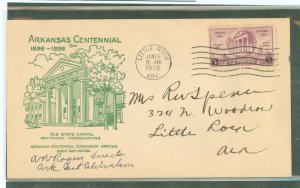 US 782 1936 3c Arkansas statehood centennial on an addressed first day cover with an Arkansas Centennial Commission cachet.