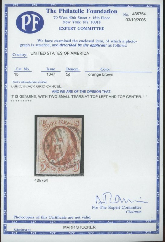 U.S. #1B USED WITH PF CERT 2 SM TEARS