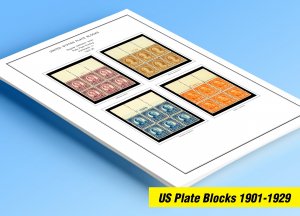 COLOR PRINTED US PLATE BLOCKS 1901-1929 STAMP ALBUM PAGES (46 illustrated pages)