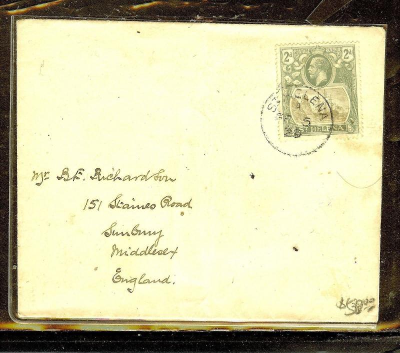 ST HELENA (P0210B) KGV 2D ON COVER TO SUNBURY ENGLAND