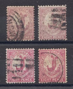 New South Wales SG 257, 257b, 257ca, 257cb used. 1889 8p Lyrebird, diff colors &