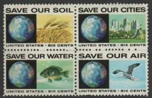 1970 Save Our Environment Block Of 4 6c Postage Stamps, Sc 1410-1413, MNH, OG