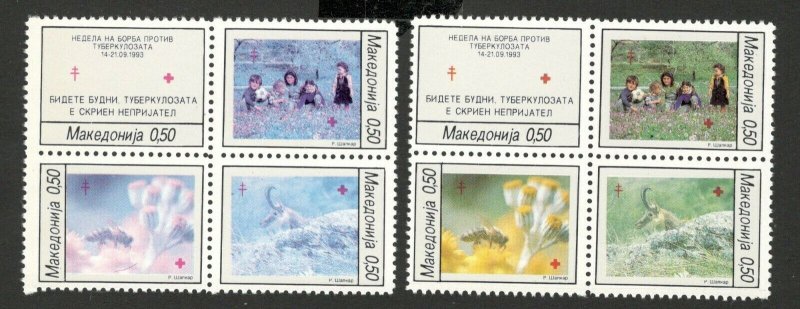 MACEDONIA-MNH** 2 BLOCKS OF 4 STAMPS-RED CROSS-COLOR ERROR-FAUNA-BEE-1993. (101)