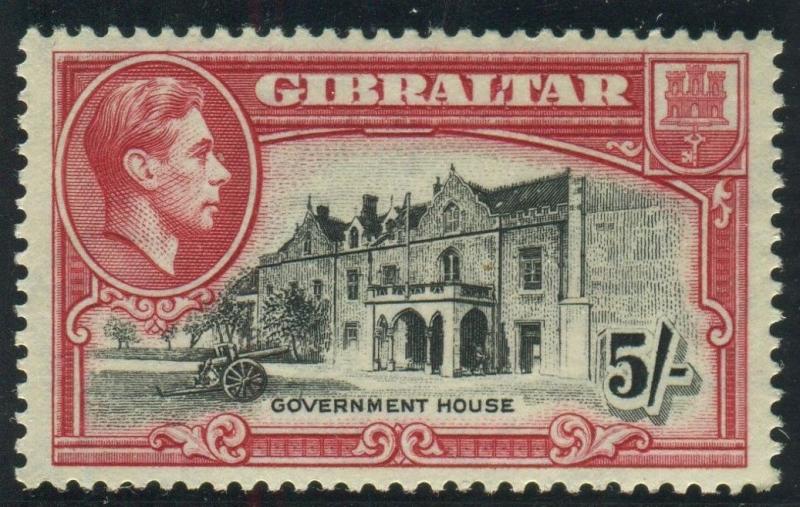 GIBRALTAR-1938-51 5/- Black & Carmine Perf 13½.  A mounted mint example Sg 129a