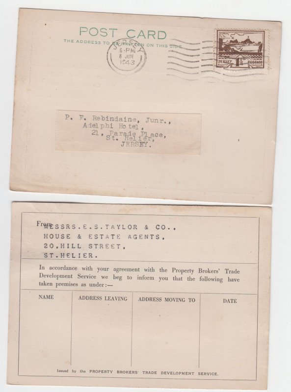 1943 Jersey 1½d Blampied Pictorial, business postcard (First Day machine p/mark)