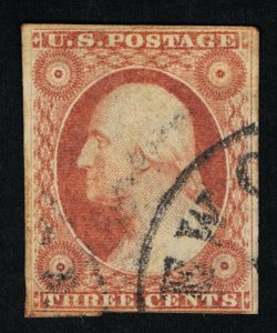 GENUINE SCOTT #11 F-VF USED 1855 DULL RED TYPE-I WITH TOWN CANCEL FROM PLATE #4