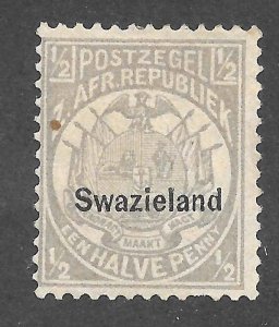 Swaziland Scott 1 Unused HR - 1889 1/2p Gray Overprinted - SCV $10.50