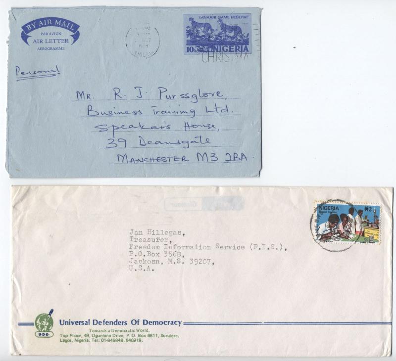 Three 1970s and 1980s Nigeria covers inc 2 aerogrammes [L.214]