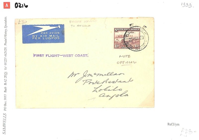 SOUTH WEST AFRICA Cover AIR *Official* Angola*First Flight-West Coast* 1939 D216