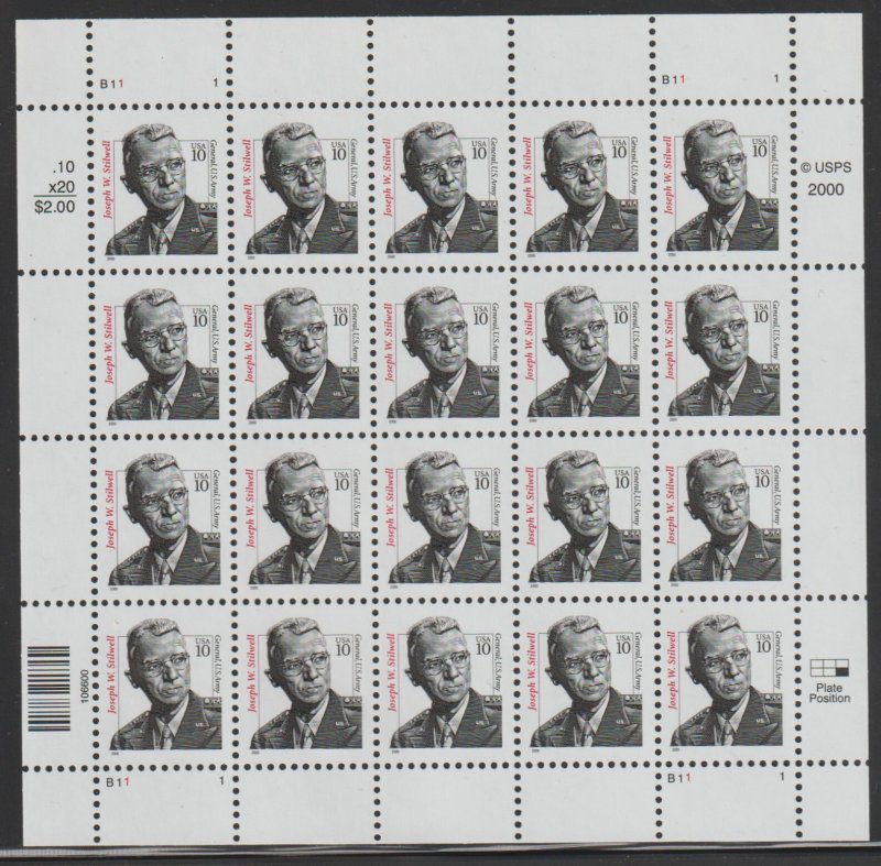 SC# 3420 - (10c) - General Joseph Stilwell MNH - Pane/20 - Plate # B11   1