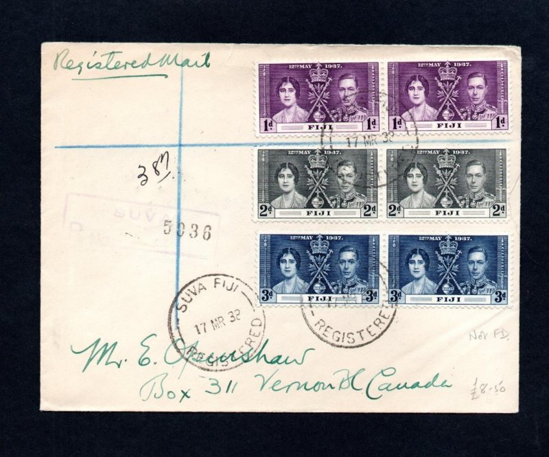 1938 FIJI REGISTERED COVER BEARING 1937 CORONATION STAMPS