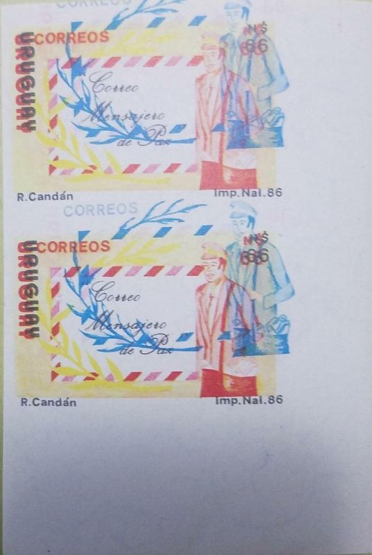 O) 1986 URUGUAY,  IMPERFORATE AND PRINT ERROR, MESSENGER OF PEACE COURIER- POSTM