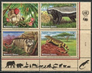 UNITED NATIONS Sc#NY 818-821 GE 386-389 VI 308-311 2002 Endangered Species MNH