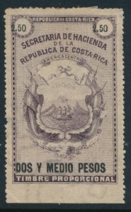 Costa Rica tax revenue fiscal stamp 1883 white background issue 2.5 Pesos