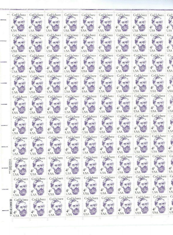1847 Carl Schurz FULL MINT SHEET MNH