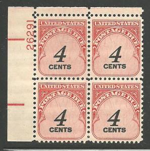 #J92 4c Postage Due Plate Block Mint Never Hinged #26291