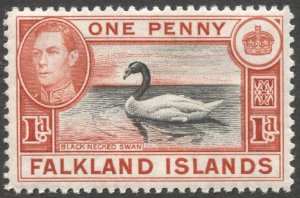 FALKLAND ISLANDS 1938, 1d red, Sc 85 MH, F-VF Black Necked Swan