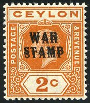 Ceylon #MR1b (SG 330a) Cat£32 (for hinged), 1918 War Stamp, 2c brown orange,...