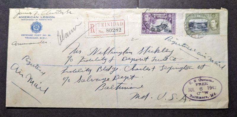 1942 Registered Trinidad and Tobago Airmail Cover to Baltimore MD USA