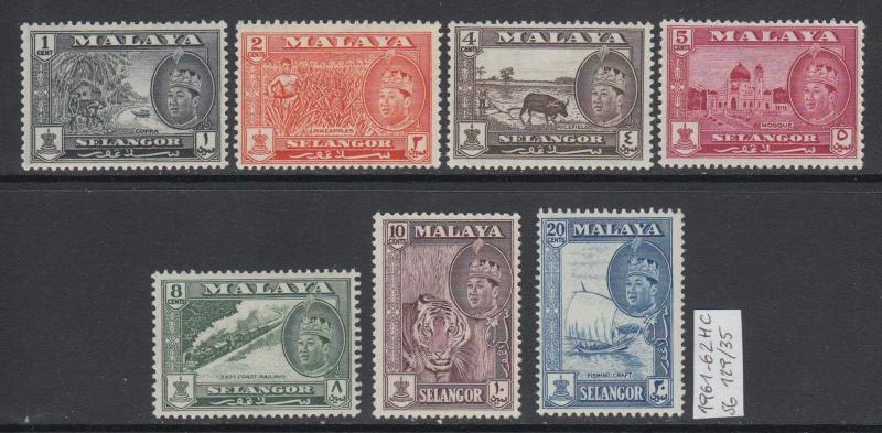 XG-AK783 MALAYA - Selangor, 1961/2 Definitives, 7 Values SG129/35 MNH Set