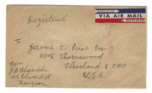 INDIA BURMA 1952 US REGISTERED AIR MAIL RANGOON TYING 2 RUPEES TO CLEVELAND OHIO
