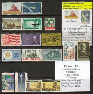 US 1962 Year Set, Complete Commemoratives, Mint Never Hinged, FREE SHIPPING