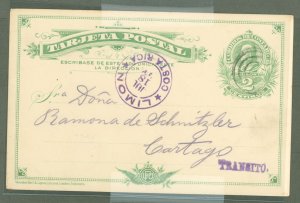 Costa Rica UX 1908 2 cent P.C. Used from Limon. Long message