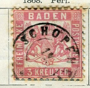 GERMANY BADEN; 1868 early classic perf issue used 3k. value