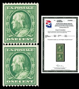 Scott 348 1908 1c Franklin Coil Mint Line Pair F-VF OG NH with PSE CERT