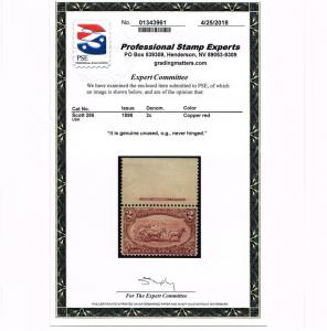 EXCEPTIONAL SCOTT #286 MINT PRISTINE OG NH PSE CERT 2¢ TRANS-MISS BEP IMPRINT