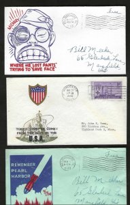 US 1943-45 WWII THREE PATRIOTIC COVERS LAMPOONING JAPAN DURING THE WAR