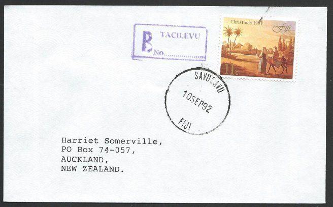 FIJI 1992 cover TACILEVU reg handstamp as agency pmk, Savusavu cds.........50633